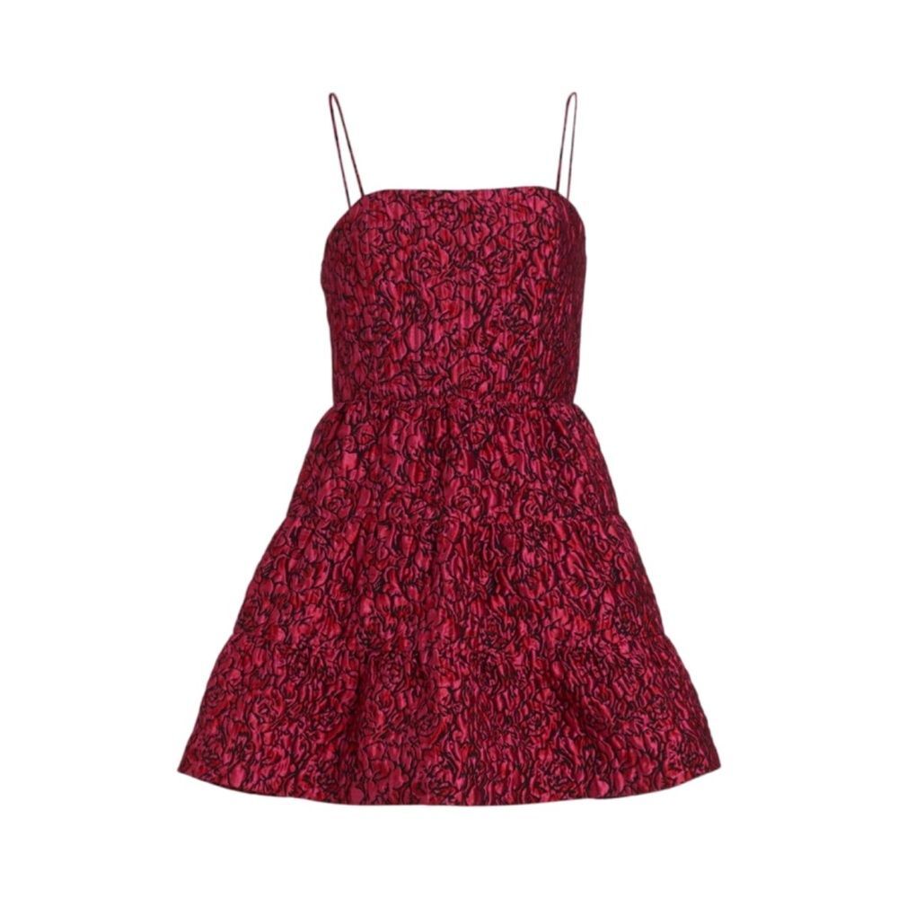 Alice + Olivia NWOT Jamila Spaghetti Strap Tiered Mini Dress Pink Black Sz 6